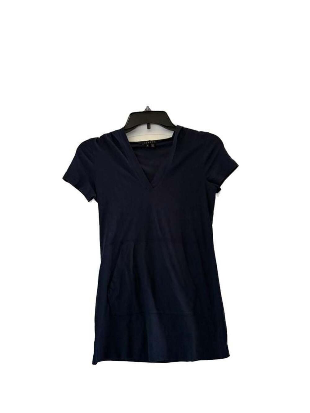 Theory Navy Blue V-Neck Short Sleeve Hooded Tee with Front Pocket
